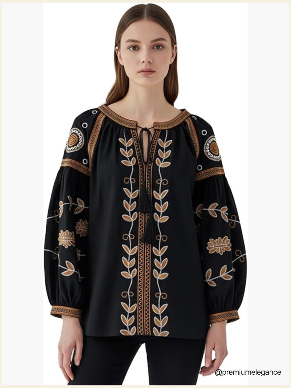 Long Sleeve Embroidered Peasant Blouse Boho Lantern Sleeve V Neck Tunic Top